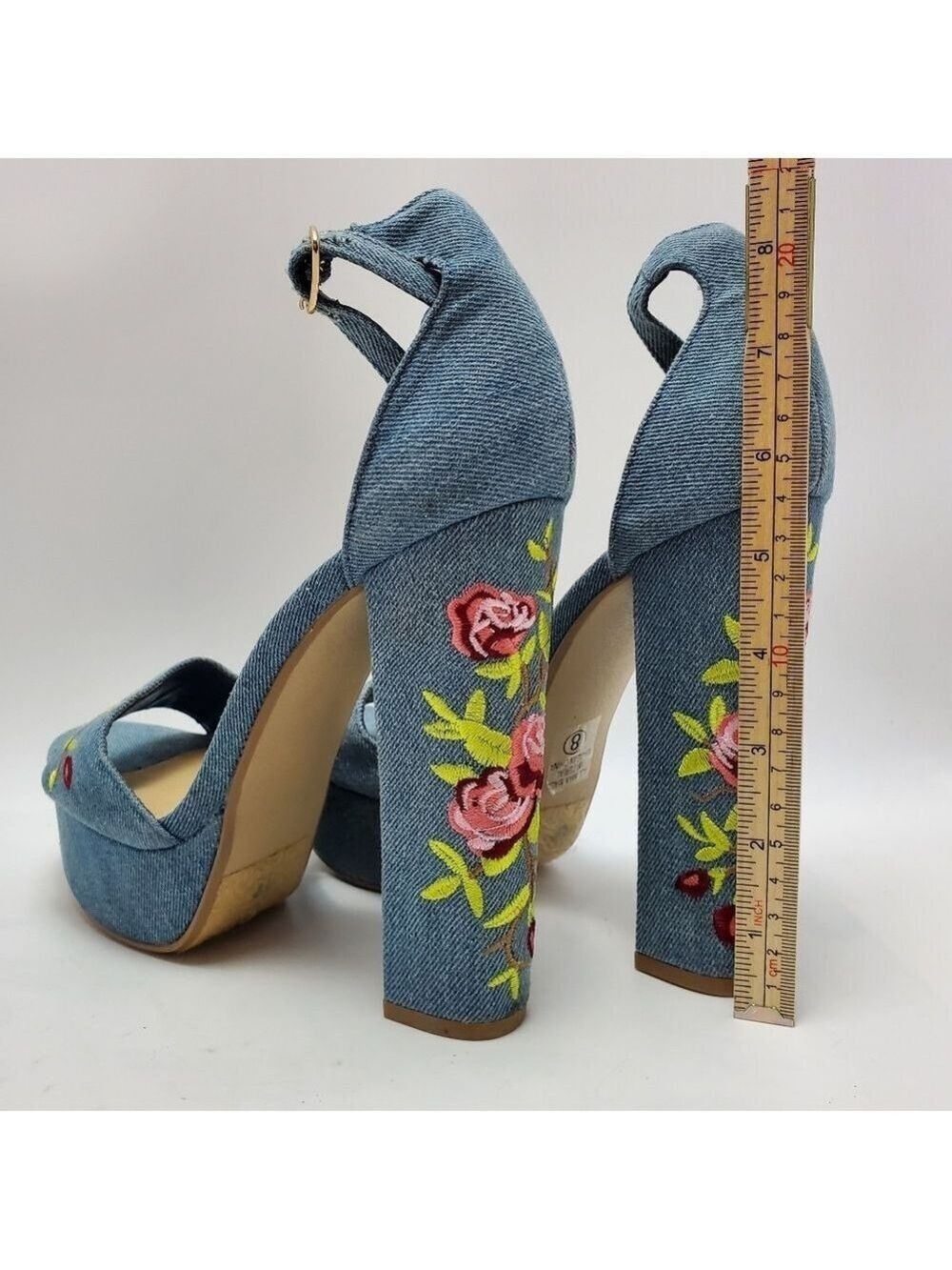 Heart in D Blue Denim Floral Embroidered Platform Heels Sandals Size 8 - Picture 4 of 12